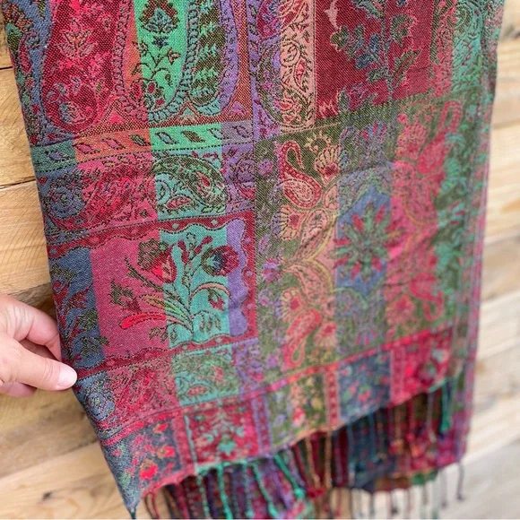 Sacred Threads fringe floral paisley multicolored shawl - Picture 7 of 13